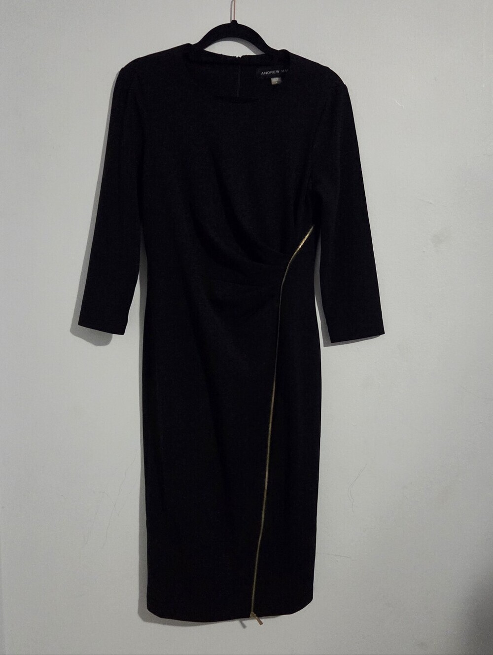 Andrew Marc Quarter Sleeve Crew Neck Ruched Sheath Dress NWOT